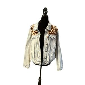 Forever 21 Denim Leopard Skin Unisex Bomber Jacket Sz 1X